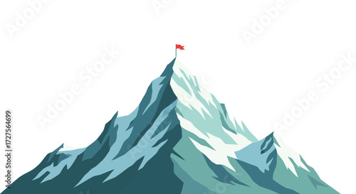 A majestic snowcapped mountain peak crowned with a vibrant red flag, symbolizing achievement and the ultimate summit