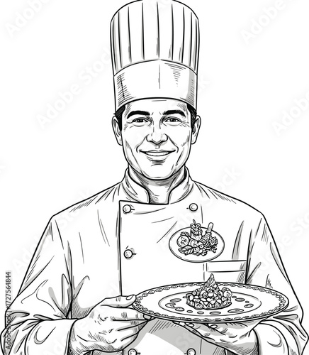 Chef sketch, black and white, gourmet dish, smiling face, tall hat, culinary art, restaurant theme, vector drawing, food illustration, kitchen character