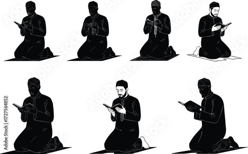 PrintSilhouette, kneeling person, reading book, prayer, devotion, worship, meditation, religion, spirituality, 