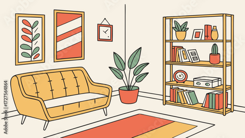 Illustration of mid century modern living room with sofa bookshelf and plants for home decor ideas