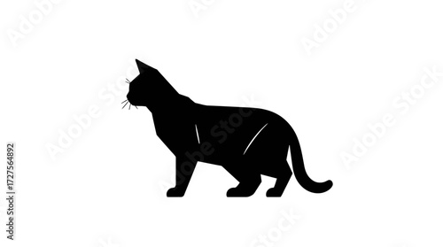 A black cat silhouette standing on a white background, showcasing its form.