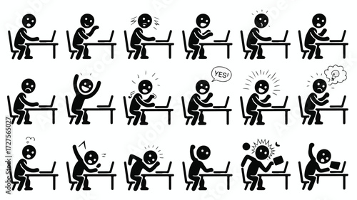 Diverse human emotions displayed while using laptops stick figure black and white