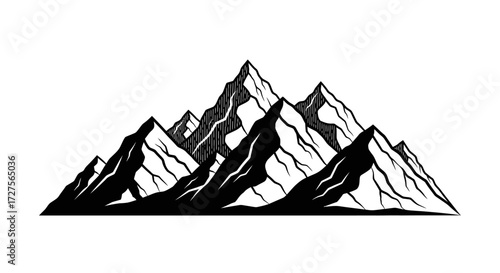 A black and white illustration of a mountain range with peaks and valleys.
