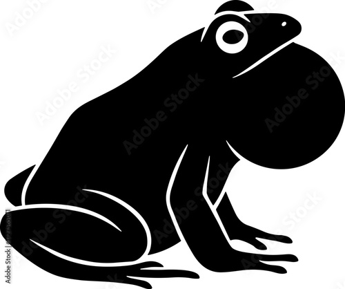 frog croaking with throat sac inflated, side profile, solid black silhouette