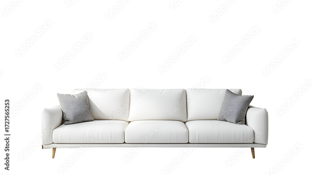 Fototapeta premium Modern Three Seater White Sofa with Patterned Pillows Isolated on Transparent