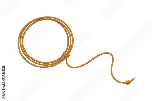 Brown coiled rope with loose end isolated on white background, strong hemp cord, twine or lasso tool for outdoor camping, farming, climbing, crafting, and utility use, natural fiber rope illustration