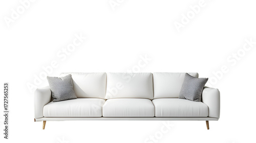 Modern Three Seater White Sofa with Patterned Pillows Isolated on Transparent