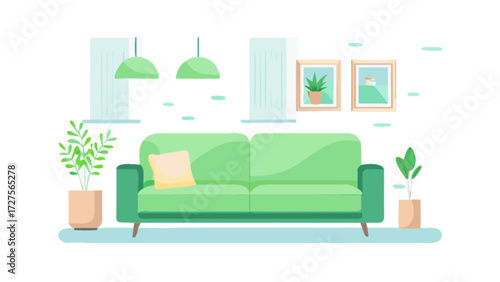 Modern living room interior design with green sofa plants and lamps vector illustration asset