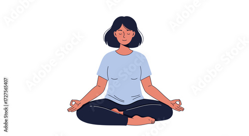 Illustration of a young woman with closed eyes meditating peacefully in the lotus yoga pose against a white background.