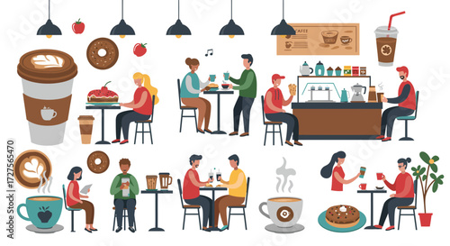 A collection of vector illustrations depicting people enjoying coffee and snacks in a modern cafe setting.