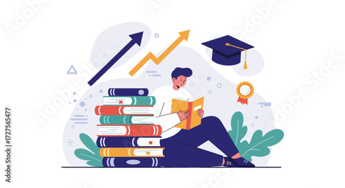A person sitting and reading a book next to a stack of books, with graduation cap and growth charts in the background.
