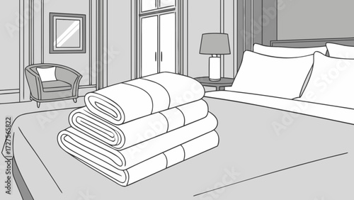 Hotel room interior with folded towels, bed, pillows, chair, lamp, and picture frame vector art