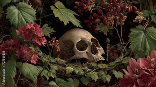 Skull in floral arrangement