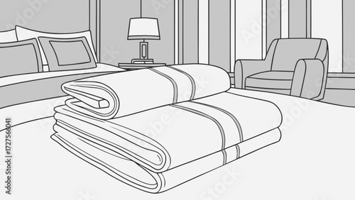 Luxury hotel bedroom interior design with folded towels on bed and armchair near window illustration