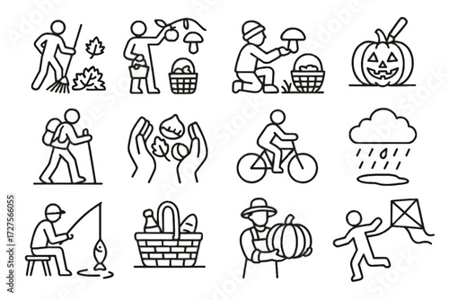 Cycling fishing picnic icon vector chestnuts autumn picking pumpkin leaf icons mushroom