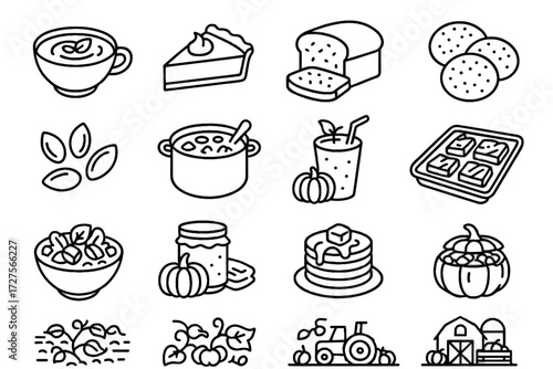 Pie jam pancakes soup roasted vector stew pumpkin collection cookies icon