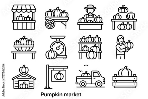 Display stand box farmer sign icons icon vector truck pumpkin market shed
