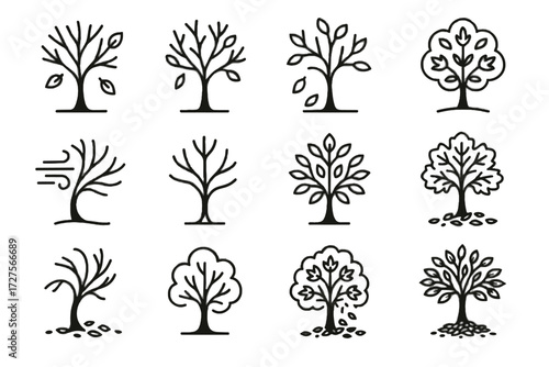 Decorative outline vector icon tree dropping collection around trunk autumn scattered