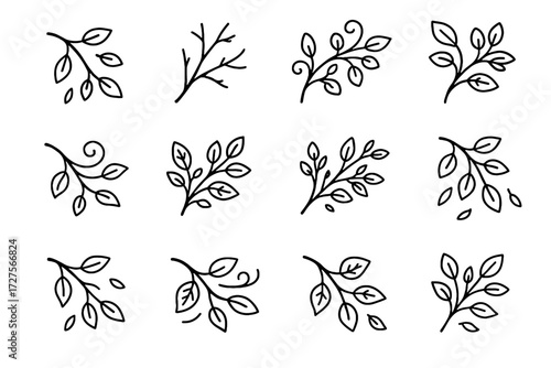 Icon line leaf twig curled branch vector falling autumn leaves