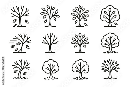 Decorative leaves seasonal icon scattered autumn stylized vector windy falling tree