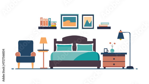 Bedroom interior design illustration with bed chair lamp and decorative elements for home decor ideas