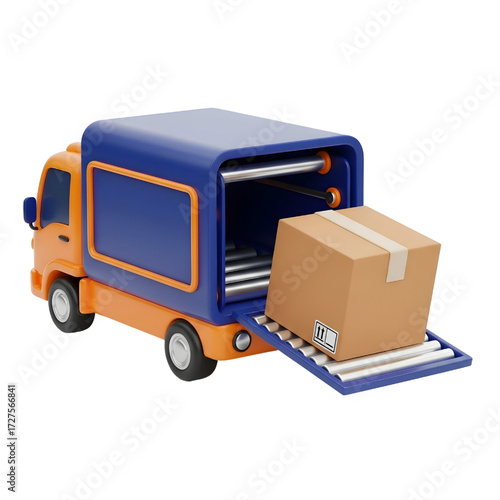 Iconic design of a delivery truck loading with a parcel box, transportation vehicle, 3d rendering, 3d illustration isolated on white background