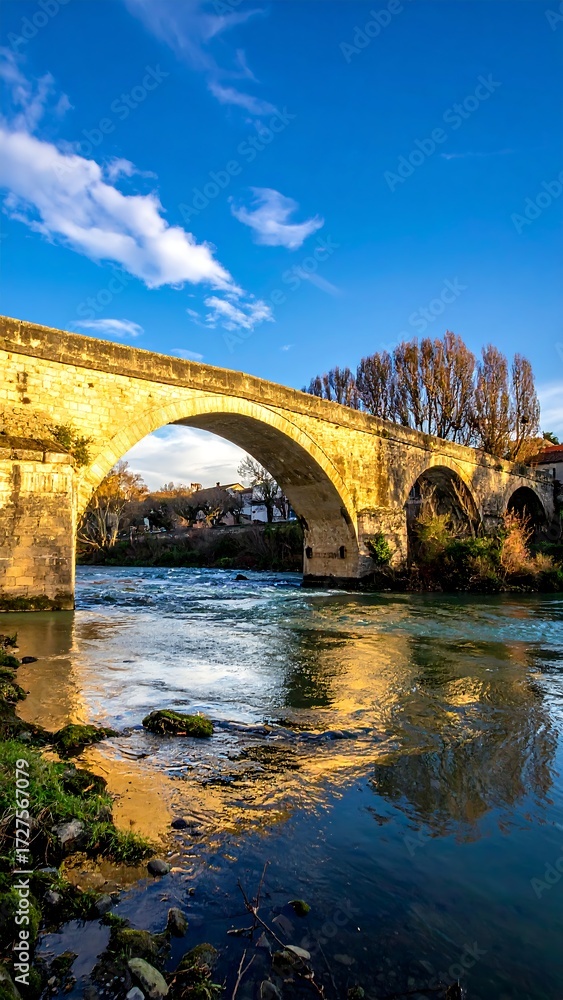 Obraz premium Stone arch bridge spans river, reflecting golden sunlight on calm water under a vibrant blue sky with wispy clouds
