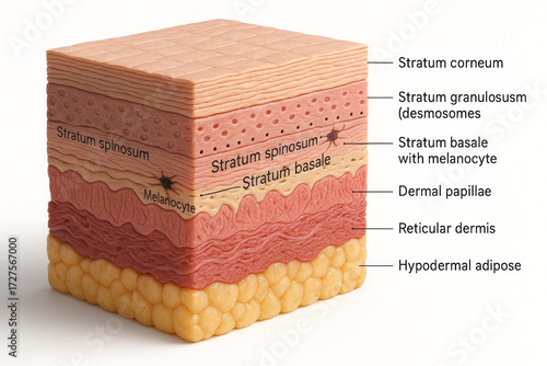 Anatomical illustration of human skin layers, detailing epidermis, dermis, and hypodermis with labelled structures like stratum corneum, stratum spinosum, stratum basale with melanocyte, dermal papill