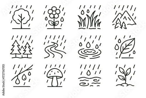 Rainy grass plant icon wet flower raindrops day drops lake vector ripples