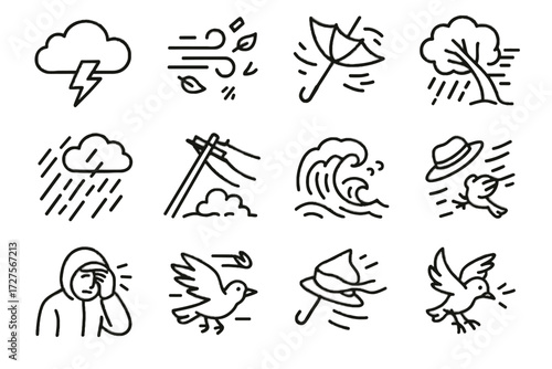 Bird wind tree vector stormy broken blowing debris icon strong bolt
