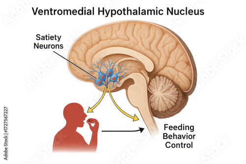 Diagram showing the ventromedial hypothalamic nucleus controlling feeding behavior, with satiety neurons responding to food intake.