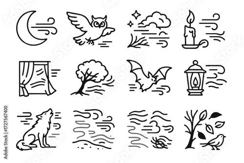 Open howling silhouette wolf leaves trios vector wind out air icon waving