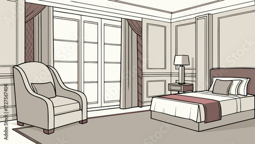 Elegant bedroom interior design with armchair, bed, lamp, and window for luxury home decor ideas