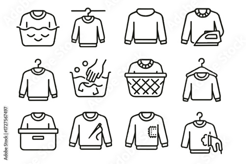 Vector care steaming ironing icons basket washing repair hanging patching sweater icon