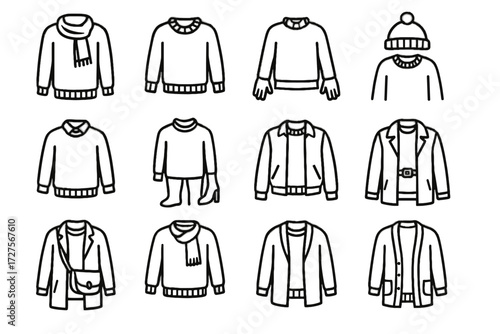 Layered set hat cardigan icon boots jacket look belt sweater vector