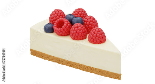 Delicious cheesecake slice with raspberries and blueberries isolated, dessert food photography on a clean background