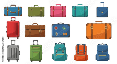 A vibrant collection of diverse luggage and travel bags, including vintage suitcases, modern backpacks, and wheeled trolleys in various colors and styles, all neatly arranged