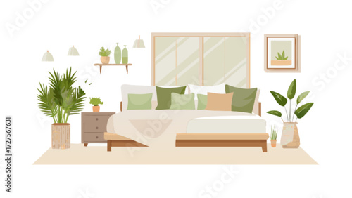 Bedroom interior design with plants and natural light for modern home decor and relaxation space