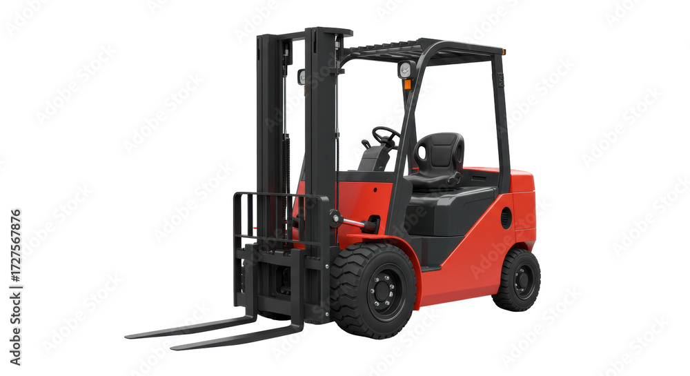 Fototapeta premium Red forklift truck isolated on transparent background, industrial vehicle for lifting and transporting heavy loads PNG