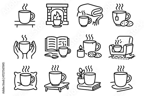 Icon tea pillow icons cozy book cup fireplace beverage vector steaming drink