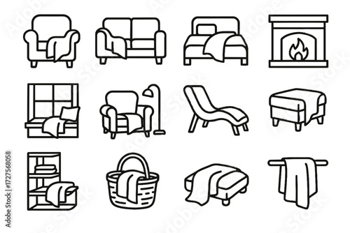 Vector cozy armchair icons rail blanket corner window throw shelf reading icon