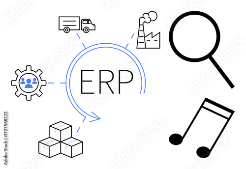 ERP surrounded by gear, magnifier, factory, truck, cubes, and note, representing management, supply chain analytics production shipping and creativity. Ideal for digitalization automation