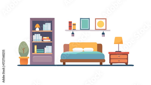 Flat vector illustration of bedroom interior design with bed bookcase lamp and decorations art