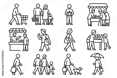 Market vendor fruit carrying shopper umbrella browsing icon visit person icons elderly