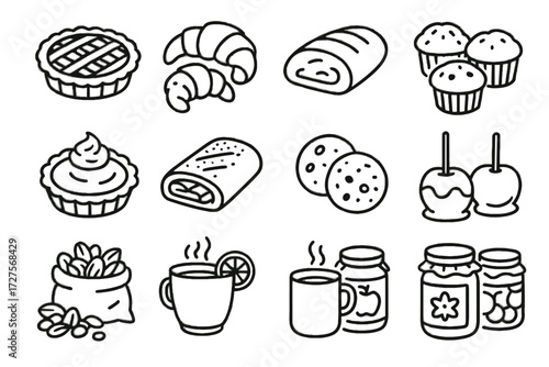 Jams autumn loaf cider tart icons cookies muffins icon apple vector market