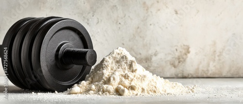 Dumbbell and Protein Powder Still Life in Studio Setting for Fitness and Nutrition Concepts on Light Background