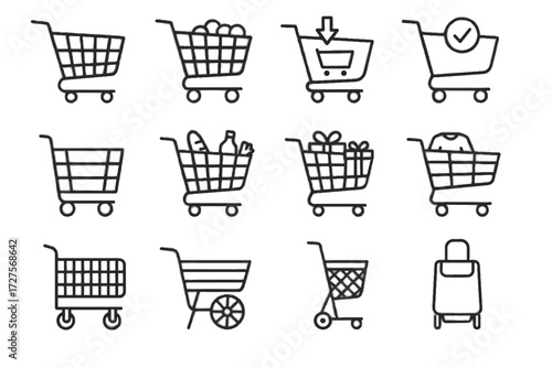 Rolling groceries foldable shopping cart metal vector empty clothes icons icon