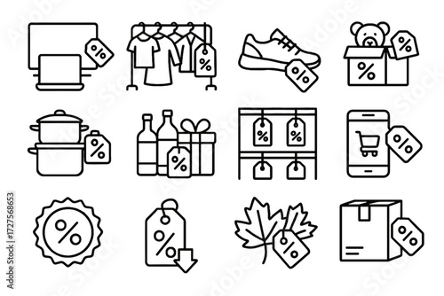 Electronics boxes friday discounts stickers kitchenware icon shelves black vector bundles tags