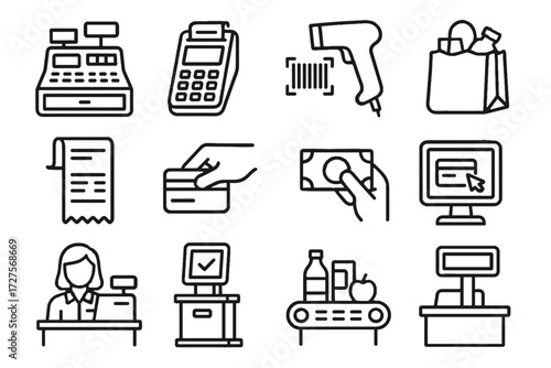 Receipt conveyor display vector icon cash customer machine checkout barcode belt process