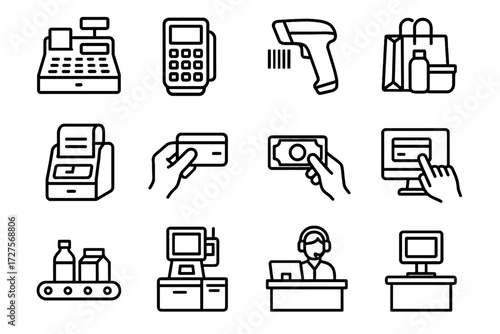 Desk items service cash barcode bagging icons checkout icon online grid payment